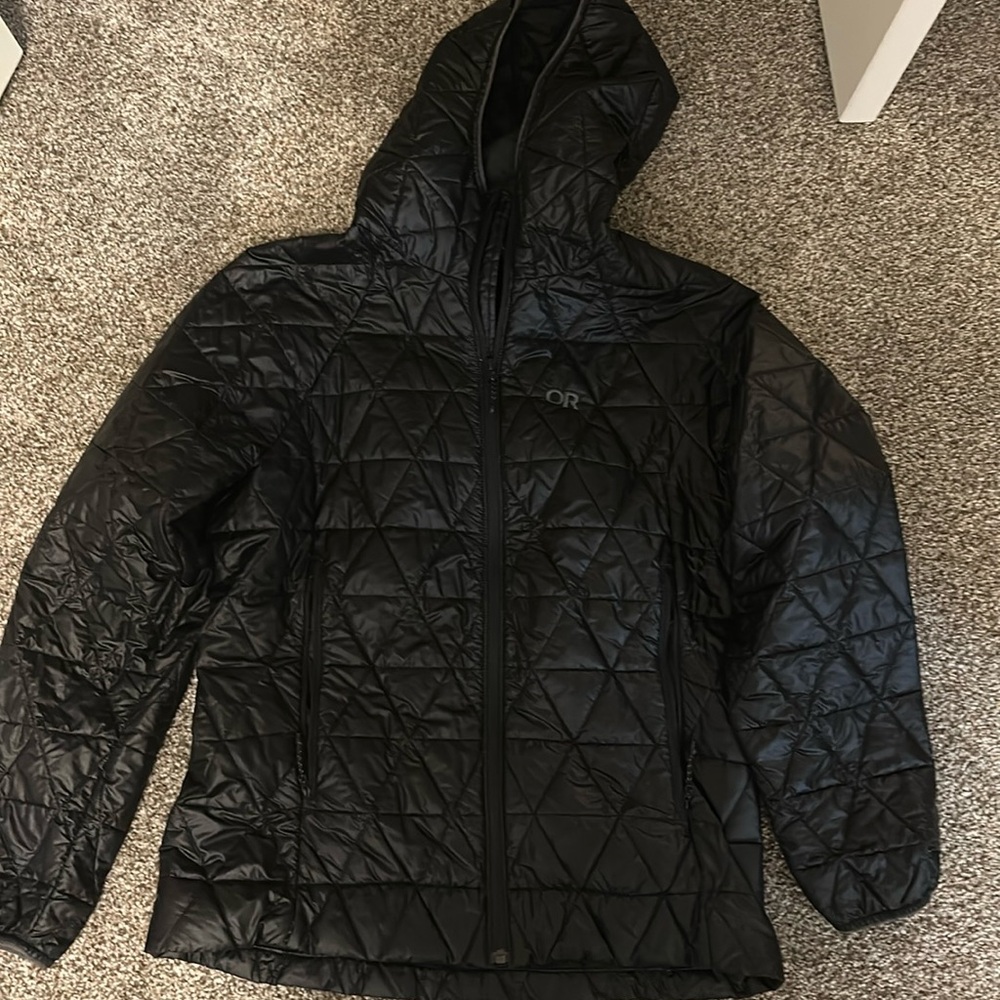 Women’s helium outdoor research down hooded jacket